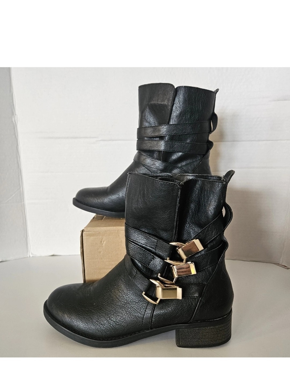 JUST FAB Axelia Ankle Boots, Black, Woman's Size 9, Gold Tone Buckles